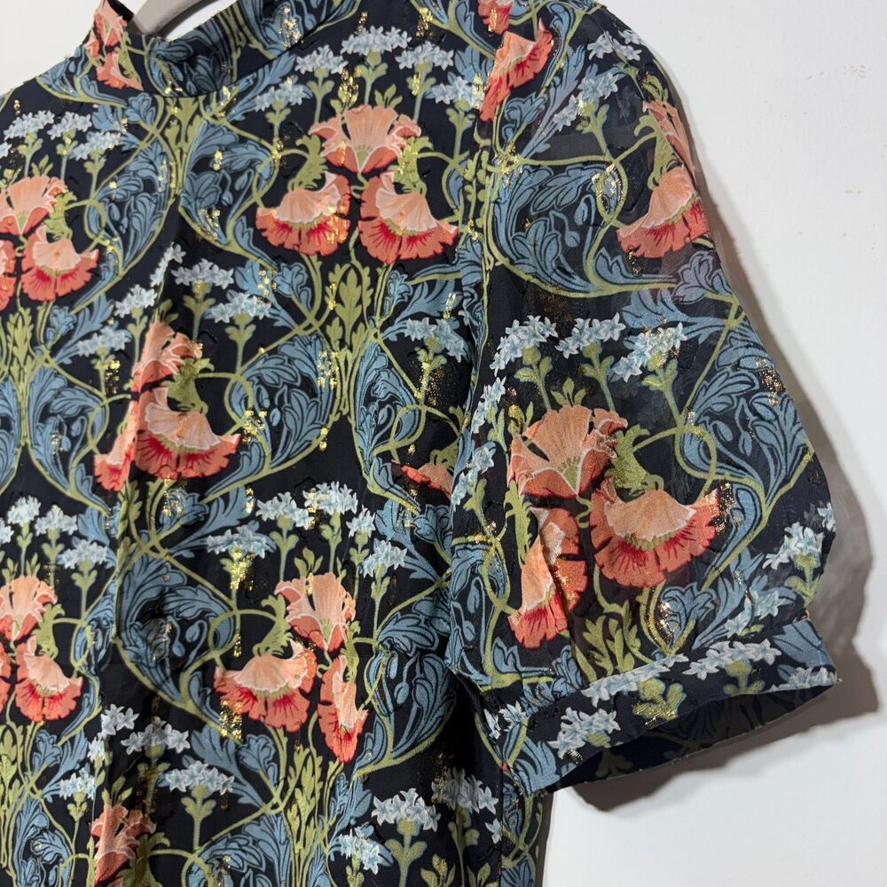 Anthropologie Meadow Rue Basilique Top Floral Metallic Mock Neck Blouse Size 0 - Picture 7 of 14